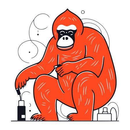 Gorilla sitting on the floor and smoking cigarette. Vector illustration.のイラスト素材