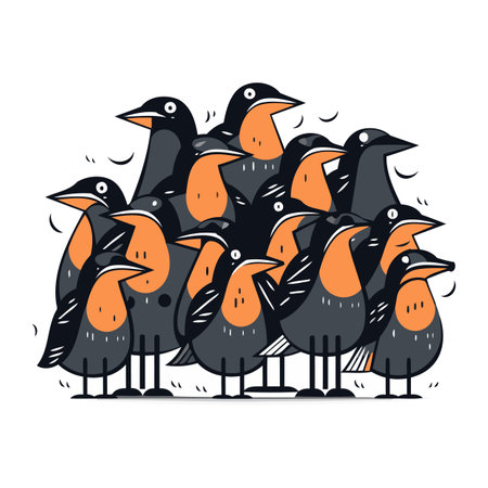 Cartoon black and orange birds. Vector illustration of a flock of birds.のイラスト素材