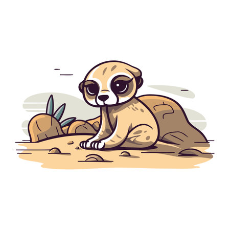 Cute cartoon meerkat sitting on the sand. Vector illustration.のイラスト素材