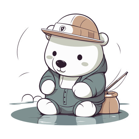 Illustration of cute polar bear in safari hat and raincoat sitting in waterのイラスト素材