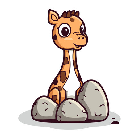 Cute giraffe sitting on rock. Vector illustration of cartoon character.のイラスト素材