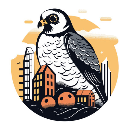 Vector illustration of a bird on the background of the city with pumpkinsのイラスト素材