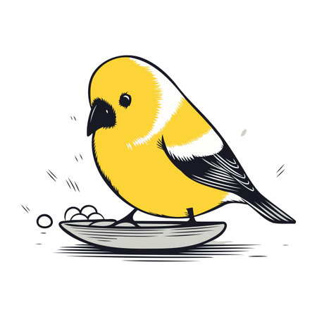 Illustration of a cute little yellow bird sitting on a plate.のイラスト素材