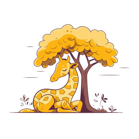 Cartoon giraffe sitting under a tree. Vector illustration in flat style.のイラスト素材