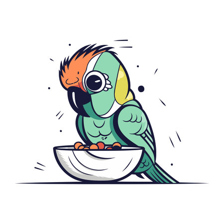 Cute cartoon parrot eating from a bowl. Vector illustration.のイラスト素材