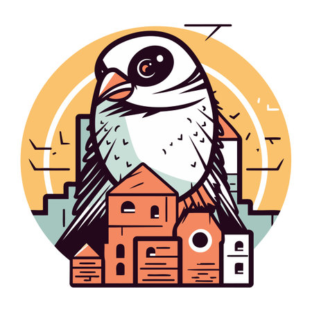 Vector illustration of a cute bird with a house in the background.のイラスト素材