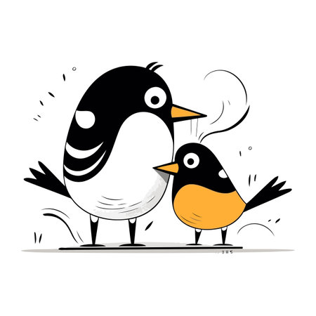 Cute cartoon penguin with chick. Vector illustration on white background.のイラスト素材