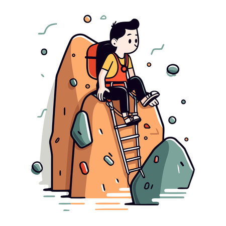 Man climbing on a rock. Vector illustration in flat cartoon style.のイラスト素材
