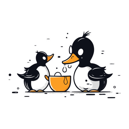 Duck and duckling with a cup of coffee. Vector illustration.のイラスト素材