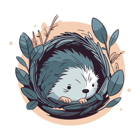Cute hedgehog in the nest. Vector illustration in cartoon style.のイラスト素材