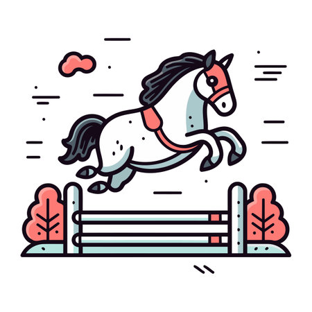 Horse jumping over fence. Vector illustration in thin line style.のイラスト素材
