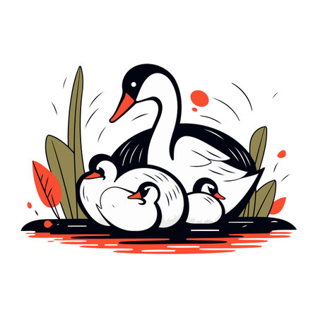 Vector illustration of a mother swan with her two baby swans.のイラスト素材