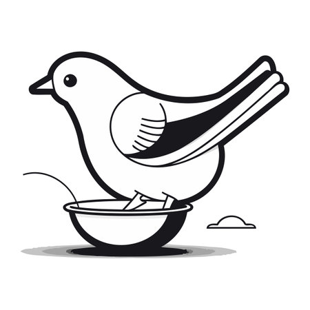 Illustration of a bird eating from a bowl. Vector illustration.のイラスト素材