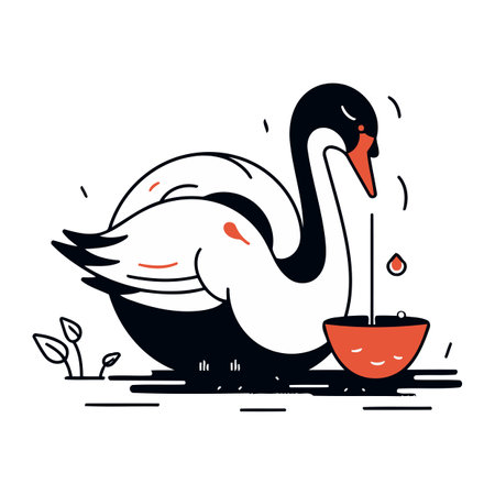Vector illustration of a swan with a bowl of water. Flat style.のイラスト素材