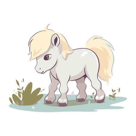 Vector illustration of a white pony standing in the grass. Isolated on white background.のイラスト素材