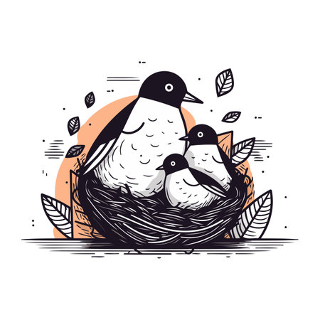Birds in the nest. Vector illustration. Hand drawn sketch.のイラスト素材