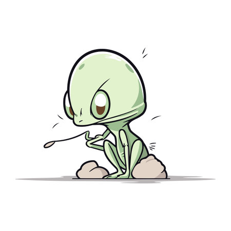 Funny green alien standing on the rock. Vector illustration in cartoon style.のイラスト素材
