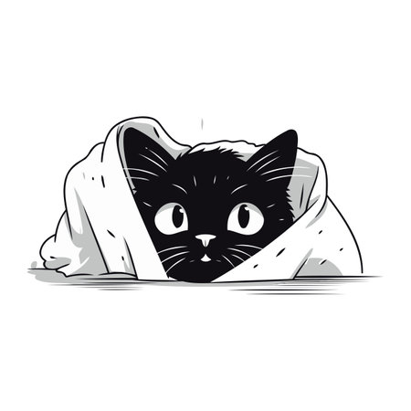 Cute black cat peeking out from under the blanket. Vector illustration.のイラスト素材