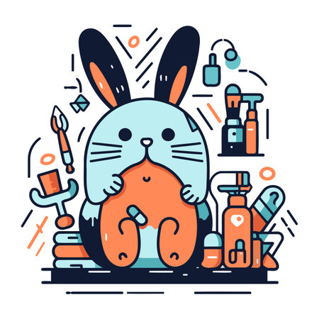 Vector illustration of cute cartoon rabbit with cosmetic products. Linear style.のイラスト素材