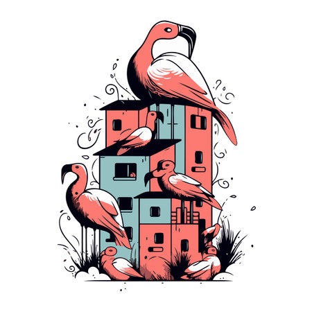 Vector illustration of a parrot in front of an old house.のイラスト素材