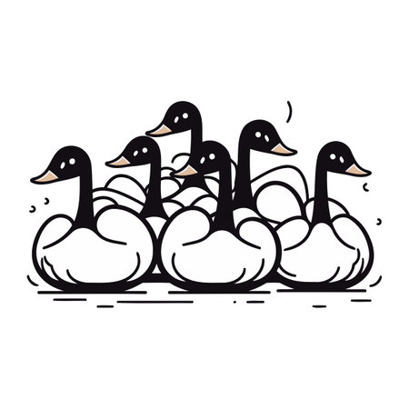 Cute black and white vector illustration of a flock of ducks.のイラスト素材