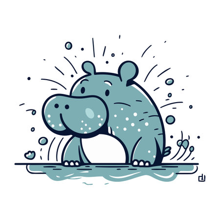 Vector illustration of a hippopotamus in the rain. Cute cartoon animal.のイラスト素材