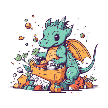 Cartoon dragon with a basket full of vegetables. Vector illustration.のイラスト素材