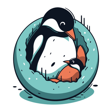 Cute penguin with chick in the hole. Vector illustration.のイラスト素材