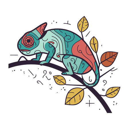 Colorful chameleon on branch with leaves. Vector illustration.のイラスト素材