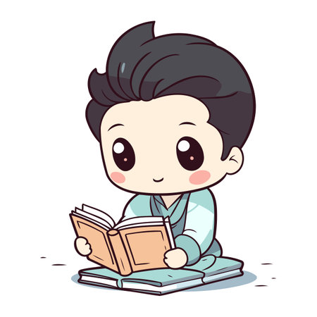 Little boy reading a book. Vector illustration of a little boy reading a book.のイラスト素材