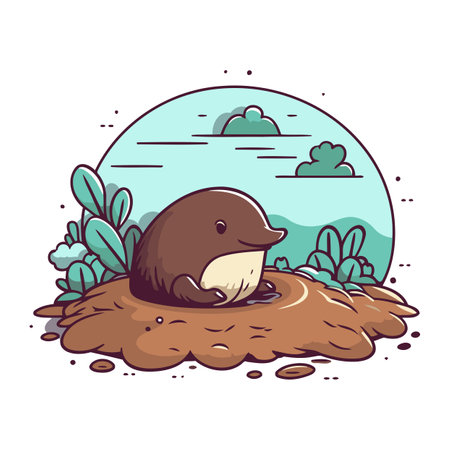 Cute cartoon sea otter in a hole. Vector illustration.のイラスト素材