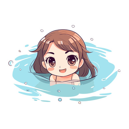 Cute little girl swimming in the pool. Vector illustration on white background.のイラスト素材