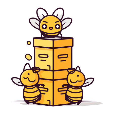 Cute cartoon bee family with boxes. Vector illustration isolated on white background.のイラスト素材