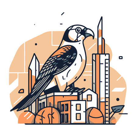 Vector illustration of a bird on the background of the city. Linear style.のイラスト素材