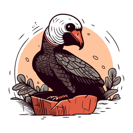 Vulture sitting on the stump. Vector illustration in cartoon style.のイラスト素材
