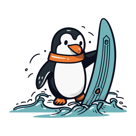 Cute penguin with surfboard on the wave. Vector illustration.のイラスト素材