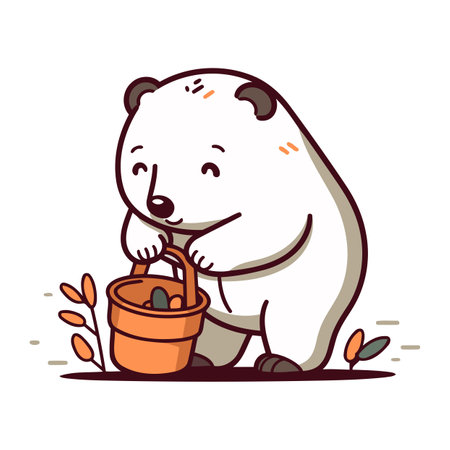 Cute polar bear with a bucket of water. Vector illustration.のイラスト素材