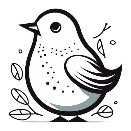 Vector illustration of a cute bird on a white background with leaves.のイラスト素材