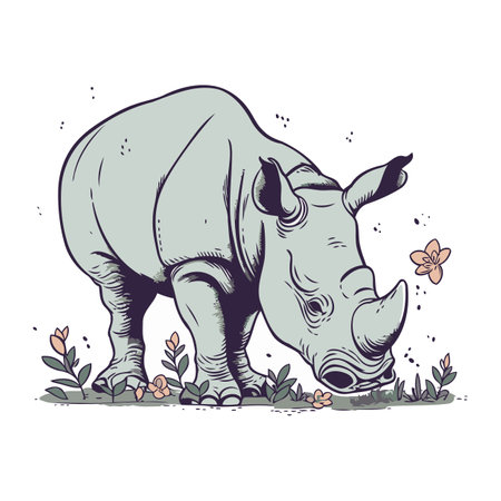 Vector illustration of a rhinoceros standing in the grass.のイラスト素材