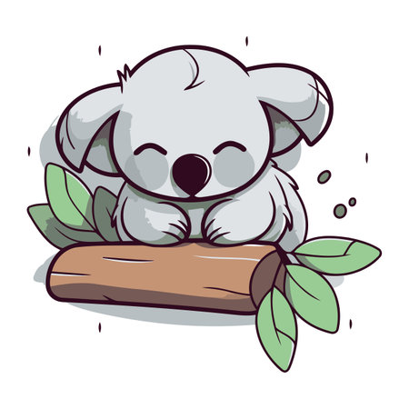 Cute cartoon koala on a branch with leaves. Vector illustration.のイラスト素材