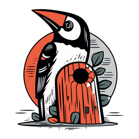 Woodpecker in a birdhouse. Hand drawn vector illustration.のイラスト素材