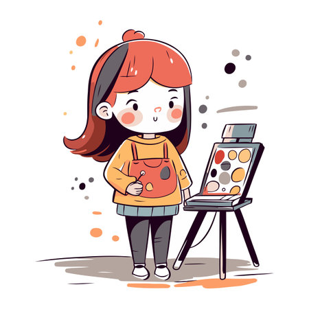 Illustration of a Cute Little Girl Drawing with Palette and Brushのイラスト素材