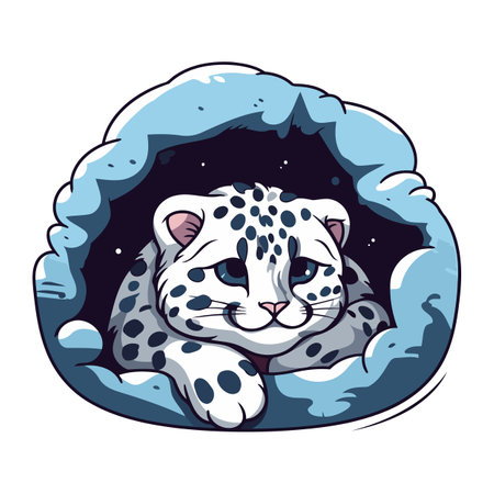 Cute cartoon snow leopard in the hole. Vector illustration.のイラスト素材