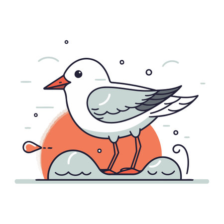 Seagull on the beach. Vector illustration in flat linear styleのイラスト素材