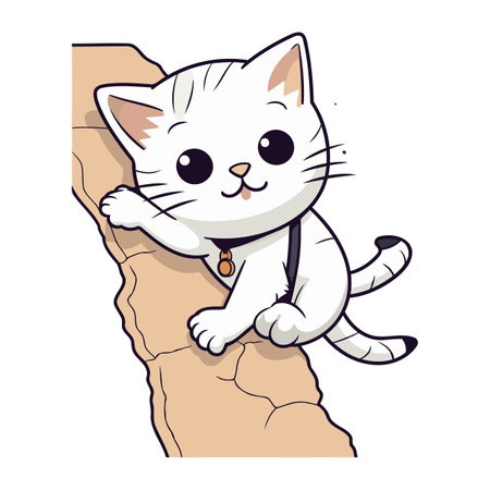 Cute white cat sitting on a rock. Cartoon vector illustration.のイラスト素材