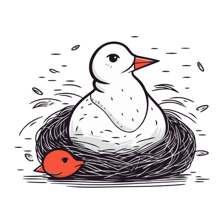 Cute baby duck in the nest. Hand drawn vector illustration.のイラスト素材