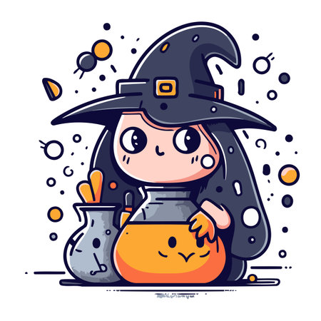 Cute little witch with a pot of potion. Vector illustration.のイラスト素材