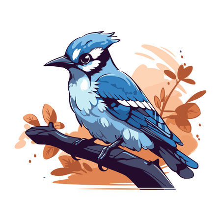 Blue jay bird sitting on a branch with leaves. Vector illustration.のイラスト素材
