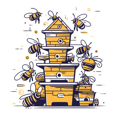Beekeeping concept with beehives and bees. Vector illustration.のイラスト素材