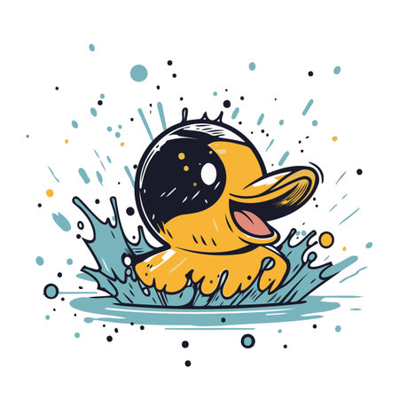 Cute yellow rubber duck in water with splash. Vector illustration.のイラスト素材